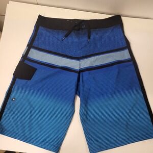 OP Plex 4‎ Way Strech , Men's Swim Trunks, Blue/Black/ Stripes Design Size30